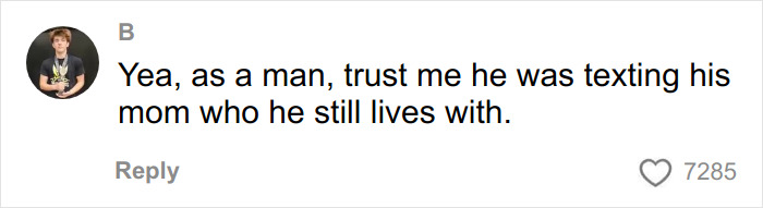 Screenshot of a social media comment discussing a man's texting habits, related to body-shaming on a flight.