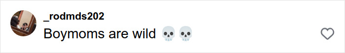 Comment on social media stating Boymoms are wild with two skull emojis, related to mother-son photoshoot debate.