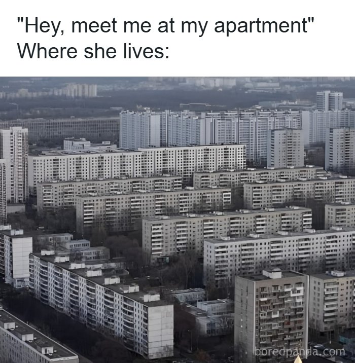 Dense Eastern European apartment blocks shown in a gray, overcast setting representing typical urban housing.