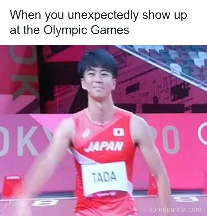 Athlete wearing Japan uniform at Olympic Games with humorous text, part of funniest dad jokes from dedicated account.
