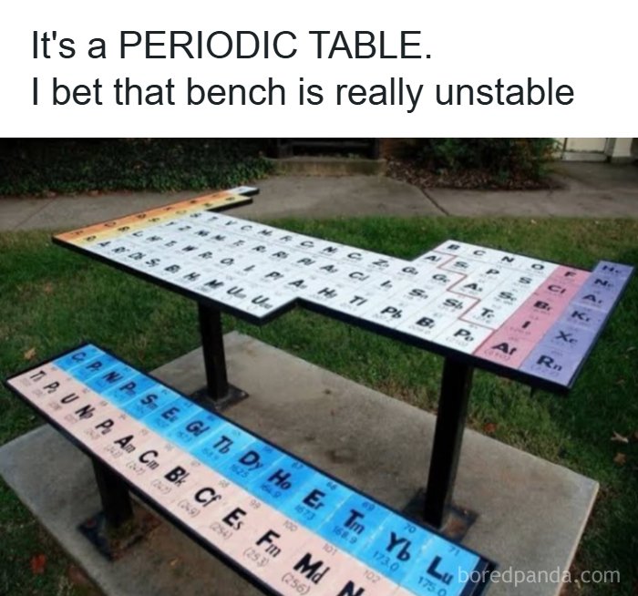 Bench designed like a periodic table with a dad joke about it being unstable, showcasing funny dad jokes.