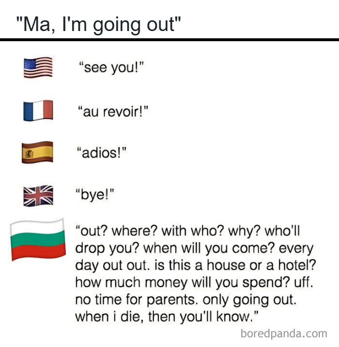 Comparison of how different languages respond to "Ma, I'm going out," highlighting Eastern European humor and culture.