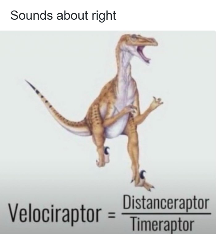 Tweet from Dad Jokes account showing a velociraptor with a dad joke formula involving distance and time.