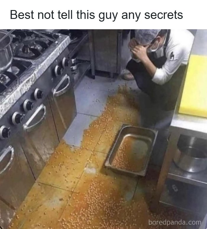 Man in a kitchen looking stressed over spilled beans on the floor, illustrating one of the funniest dad jokes.