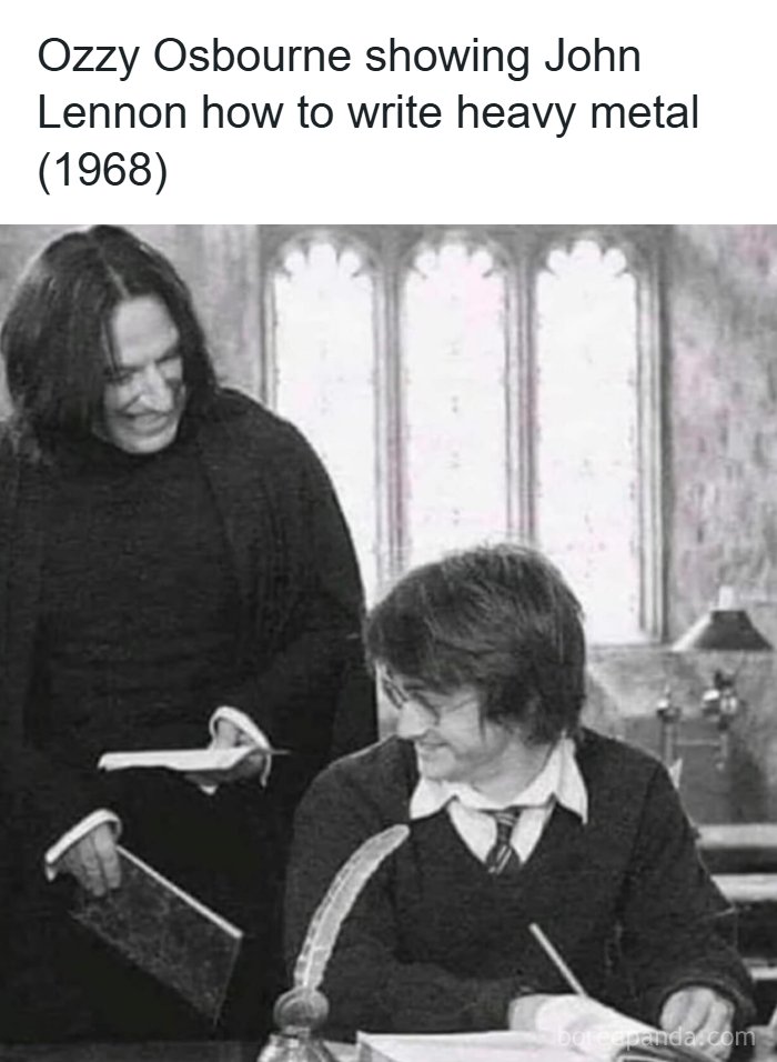 Black and white humorous dad joke tweet with a vintage photo referencing Ozzy Osbourne and John Lennon from a dad jokes account.