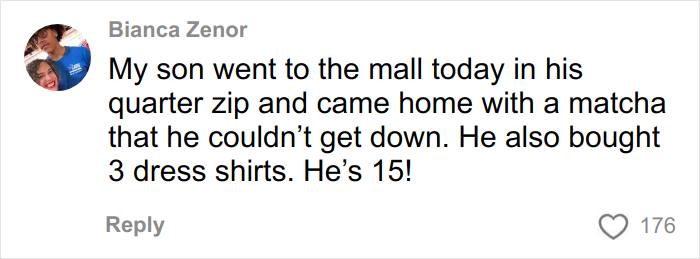 Comment from Bianca Zenor about her son shopping for fashion items, reflecting young Black men participating in a new trend transforming their looks.