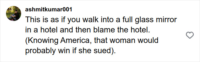 Comment about a woman’s actions compared to walking into a glass mirror in a hotel, mentioning America and suing. Comment about a woman’s actions compared to walking into a glass mirror in a hotel, mentioning America and suing.