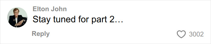 Elton John responding to fans in a comment, clapping back after kitchen detail trolling, with 3002 likes. Elton John responding to fans in a comment, clapping back after kitchen detail trolling, with 3002 likes.