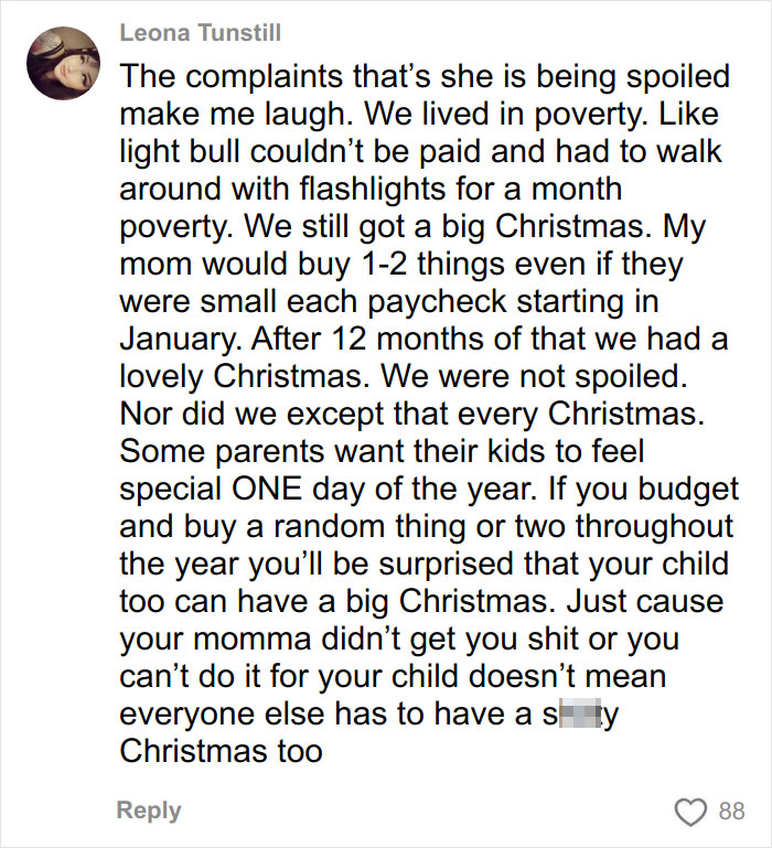 Comment discussing Christmas gift haul for daughter and parental budgeting strategies amid backlash online.