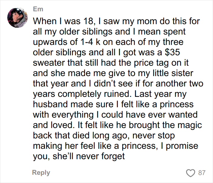 Comment sharing a personal story about Christmas gift haul for daughter and the emotional impact of family gift traditions.