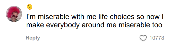 Comment by user with pink hair expressing misery and spreading negativity, relating to airplane parents kids noise frustration.