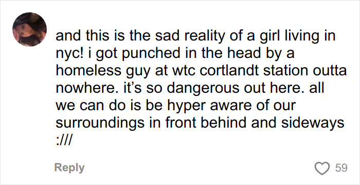 Screenshot of a social media comment describing danger in NYC related to the friend of NYU shove victim and viral video exposure. Screenshot of a social media comment describing danger in NYC related to the friend of NYU shove victim and viral video exposure.