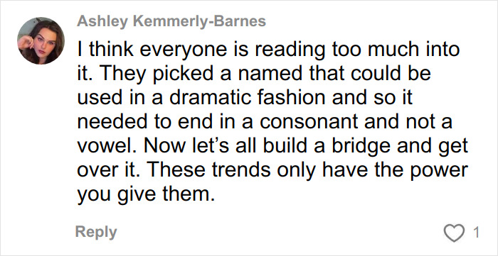 Comment by Ashley Kemmerly-Barnes discussing new name trends for rude millennial women and Gen Z's influence on the Karen era.