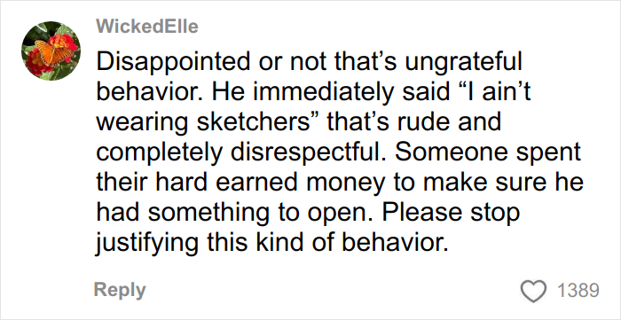 Comment criticizing ungrateful behavior in reaction to Angel Tree gifts, highlighting the son's rude response and disrespect. Comment criticizing ungrateful behavior in reaction to Angel Tree gifts, highlighting the son's rude response and disrespect.