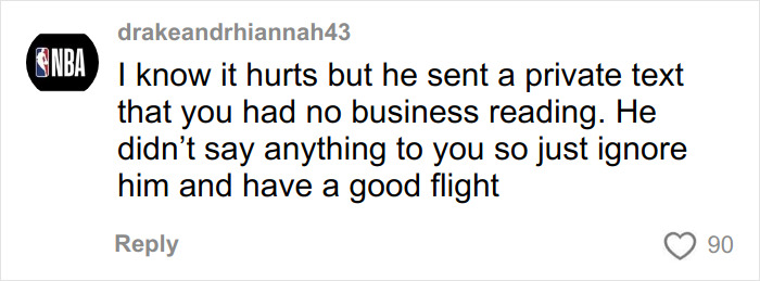 Comment expressing sympathy after woman breaks down in tears on flight over seatmate's body-shaming text message.