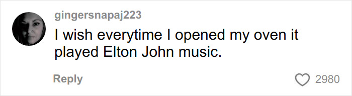 Comment from user gingersnapaj223 wishing Elton John’s oven played his music, related to trolling over kitchen detail. Comment from user gingersnapaj223 wishing Elton John’s oven played his music, related to trolling over kitchen detail.