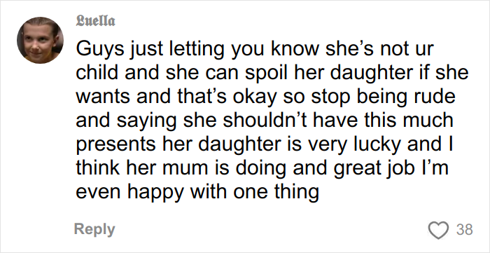 Comment defending a Christmas gift haul for daughter, addressing backlash about spoiling and parenting choices.