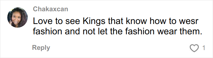 Comment on social media about young Black men participating in a new trend and transforming their looks with fashion confidence.