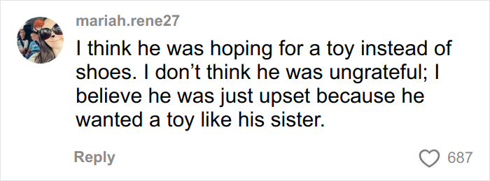 Comment from social media user mariah.rene27 discussing son's reaction to Angel Tree gifts and perceptions of ingratitude.