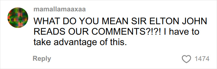 Comment from a fan reacting to Elton John clapping back at fans trolling him over a random kitchen detail. Comment from a fan reacting to Elton John clapping back at fans trolling him over a random kitchen detail.
