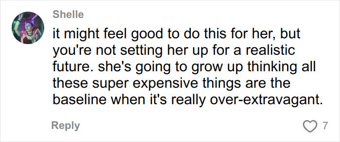 Comment discussing the Christmas gift haul for daughter and the backlash about setting unrealistic expectations.