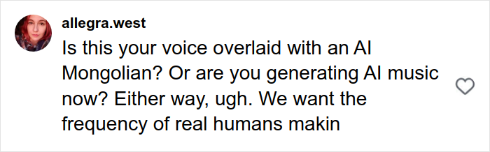 Comment from allegra.west questioning if the voice is overlaid with AI in Mongolian jingle bells throat singing viral Christmas anthem. Comment from allegra.west questioning if the voice is overlaid with AI in Mongolian jingle bells throat singing viral Christmas anthem.