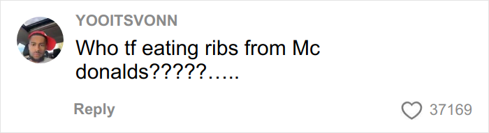 Comment on McDonald's worker's viral video questioning McRib ingredients, highlighting McRib and McDonald's keywords. Comment on McDonald's worker's viral video questioning McRib ingredients, highlighting McRib and McDonald's keywords.