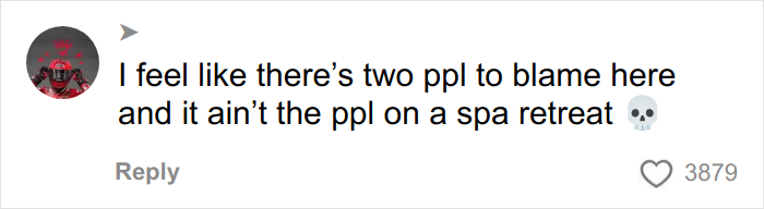 Comment expressing opinion about two groups responsible, not blaming people at a spa retreat, with a skull emoji.