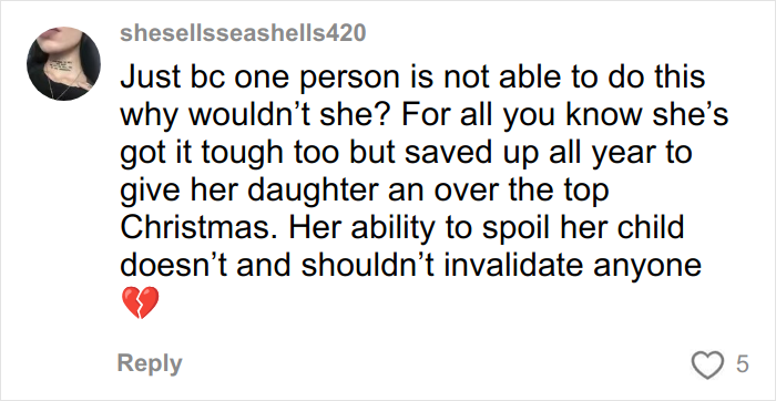 Comment discussing a Christmas gift haul for daughter backlash, defending a mother's decision to spoil her child.