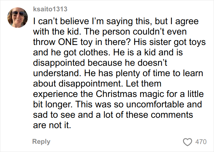 Screenshot of a social media comment discussing a child's reaction to Angel Tree gifts and feelings of disappointment. Screenshot of a social media comment discussing a child's reaction to Angel Tree gifts and feelings of disappointment.