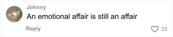 Comment from user Johnny about emotional affairs, displayed in a social media thread with 33 likes. Comment from user Johnny about emotional affairs, displayed in a social media thread with 33 likes.