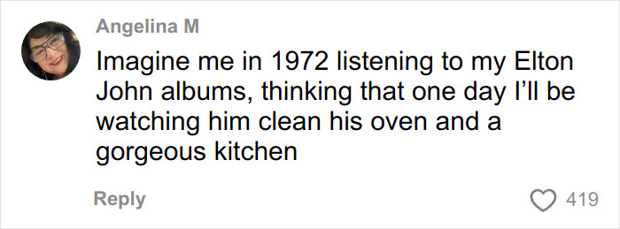 Social media comment about Elton John clapping back at fans over a random kitchen detail with humor and nostalgia. Social media comment about Elton John clapping back at fans over a random kitchen detail with humor and nostalgia.