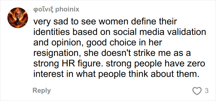 Comment criticizing an HR executive on social media, discussing identity and public opinion related to resignation. Comment criticizing an HR executive on social media, discussing identity and public opinion related to resignation.