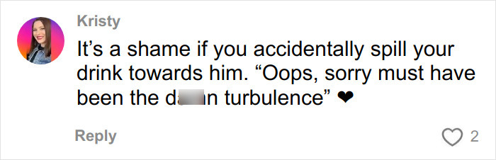 Comment on social media including text about spilling a drink and turbulence, related to body-shaming on flight.