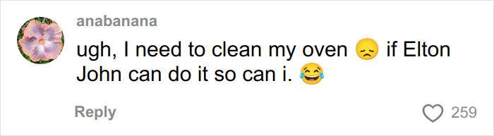 Comment on social media expressing reluctance to clean oven, referencing Elton John as motivation with emojis included. Comment on social media expressing reluctance to clean oven, referencing Elton John as motivation with emojis included.