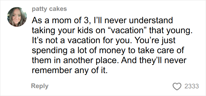 Comment from a parent expressing frustration about taking kids on vacation and the challenges with airplane noise and travel.