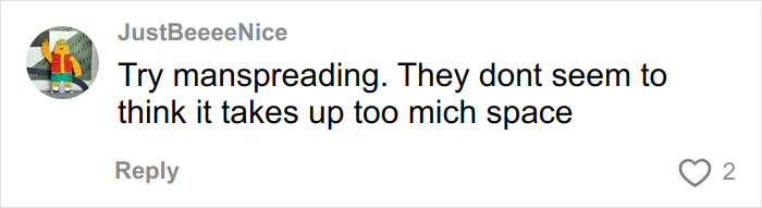 Screenshot of a social media comment criticizing manspreading regarding the amount of space taken on a flight.