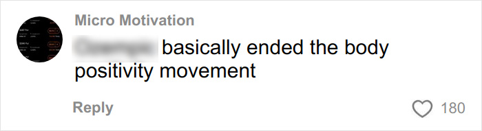 Comment on social media criticizing the body positivity movement, posted by user Micro Motivation with 180 likes. Comment on social media criticizing the body positivity movement, posted by user Micro Motivation with 180 likes.