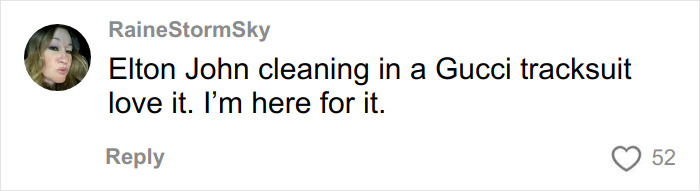 Screenshot of a social media comment praising Elton John’s Gucci tracksuit amid kitchen trolling discussions. Screenshot of a social media comment praising Elton John’s Gucci tracksuit amid kitchen trolling discussions.