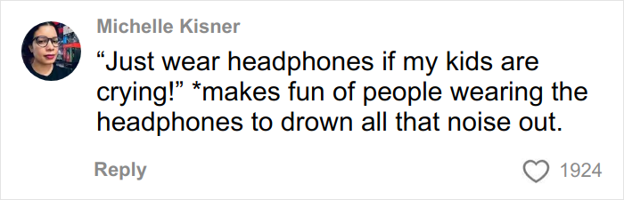 Screenshot of a comment mocking the idea to wear headphones to block out airplane noise from parents' crying kids.