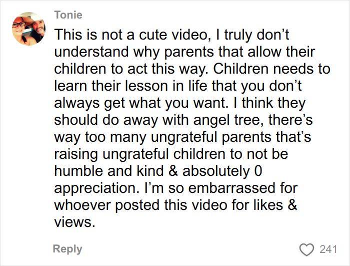 Comment criticizing ungrateful children's behavior in response to Angel Tree gifts, highlighting parenting concerns and appreciation issues.