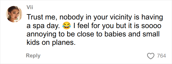 Comment from user Vii expressing frustration about airplane noise from babies and kids disturbing nearby passengers.