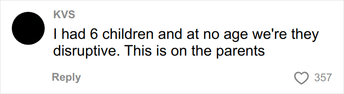 Comment about parents managing kids noise disruption while on an airplane shared by a user named KVS.