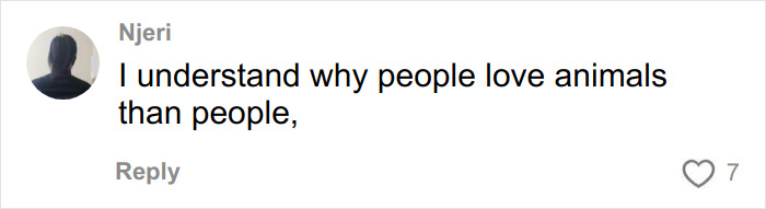 Comment by user Njeri stating a preference for animals over people, related to a racist Cinnabon worker viral tirade. Comment by user Njeri stating a preference for animals over people, related to a racist Cinnabon worker viral tirade.