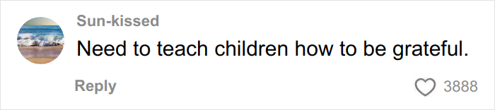 Comment on social media about teaching children gratitude in response to Angel Tree gifts reaction video with millions of views.