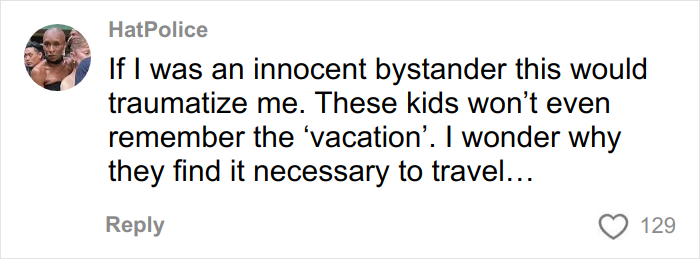 Comment by user HatPolice expressing concern about noisy kids on an airplane and the impact on innocent bystanders.