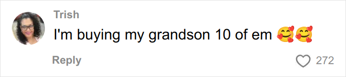 Comment from user Trish expressing excitement about buying 10 items for her grandson, with heart emojis.
