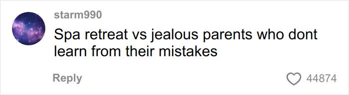 Comment by user starm990 discussing spa retreat versus parents ignoring mistakes, visible on a social media post with 44,874 likes about airplane parents kids noise.