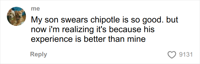 Comment on social media about Chipotle food quality differences under male names, questioning order experiences and portion sizes. Comment on social media about Chipotle food quality differences under male names, questioning order experiences and portion sizes.