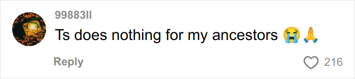 Social media comment about ancestors with crying and praying emojis, related to woke and decolonized Christmas discussion. Social media comment about ancestors with crying and praying emojis, related to woke and decolonized Christmas discussion.